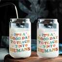 2 x Teacher Glass Cup with Lids and Straws 14oz, Back to School Teacher Gifts, Kindergarten Teachers Appreciation Gifts Glass Iced Coffee Tumbler Drinking Jars with Cleaning Brush