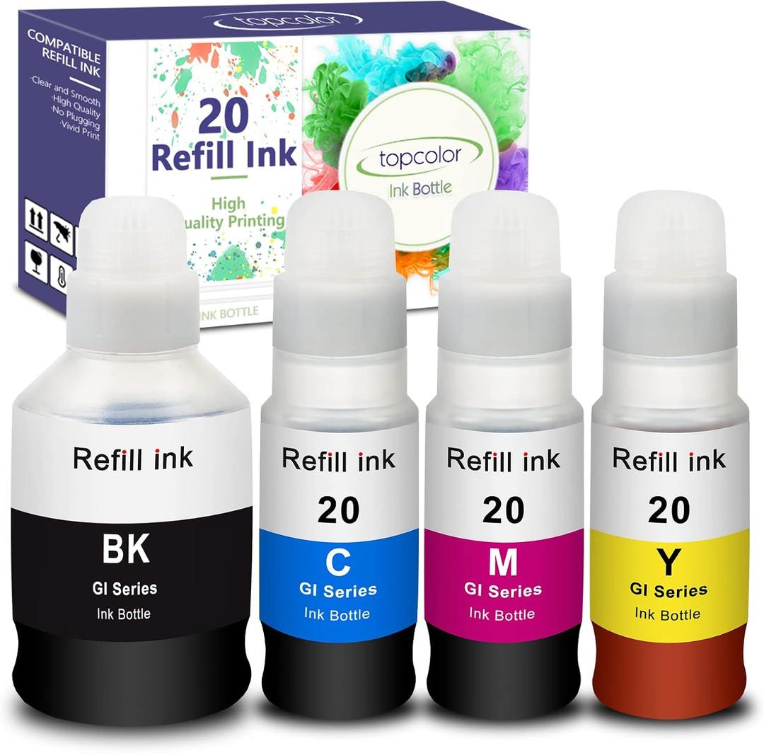 Compatible Dye Ink Replacement for Canon GI-20 GI20 Ink Bottles Refills Kit for Canon G6020 G7020 G5020 MegaTank Printers, 170mL Black Ink Refill, 70mL Cyan Magenta Yellow, 4 Packs