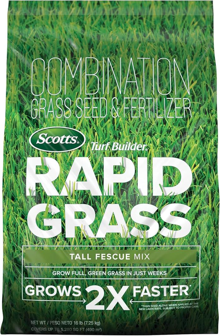 Scotts Turf Builder Rapid Grass Tall Fescue Mix, Combination Seed and Fertilizer, Grows Green Grass in Just Weeks, For Overseeding and New Lawns, 16 lb.