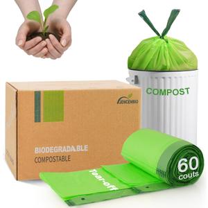 Compost Bags 5 Gallon with Drawstring Tear Off 20 Liter Extra Thick 0.78 Mils Compostable Food Scrap Waste Bags with US BPI ASTM D6400 and Europe OK Compost Home Certified 60 Counts