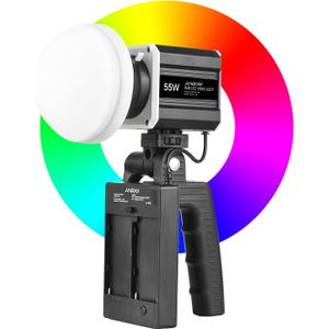 Andoer RGB LED Video Light COB Handheld with Remote, 55W Photography Lighting Portable, 2800K-6800K Dimmable Studio Lights, LCD Screen CRI 90 9 FX Scene Effects for Live Streaming Home Commercial