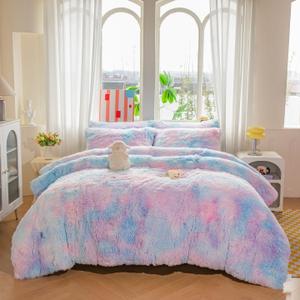 chovy Kids Girls Faux Fur Blue Rainbow Comforter Sets Twin/Full - 3PC Bed Set Soft Warm Comfortable Classical Rabbit Plush Velvet Flannel Fluffy Fuzzy BeddingComforter x 1 Pillowcases x 2