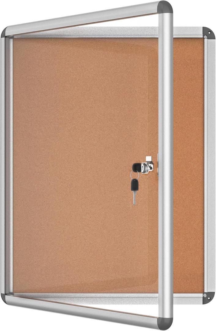 Mifuro 26"x20" Enclosed Bulletin Board, Lockable Weather-Resistant Aluminum Cork Noticeboard for School & Office, Silver Frame w/Cork