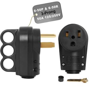 50 Amp Female 6-50P Plug & 6-50R Receptacle Set for RV, EV Charger, Welder Machine, (Black) 3 Prong 125/250V Heavy-Duty Electrical Connector , ETL Listed