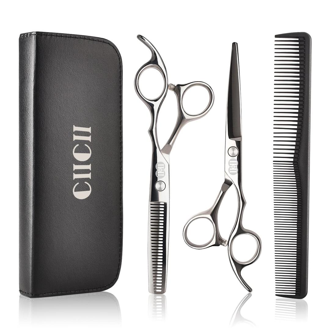 CIICII Hair Cutting Scissors Shears Kit, Professional Barber Haircut Scissors Set (6.7 Inch Hair Beard Hairdressing Trimming Haircutting Thinning Shears) for Men Women Hairdresser Home Salon (Silver)