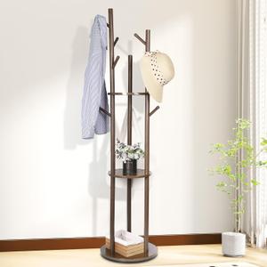 Wood Coat Rack with 3 Shelves and 9 Hooks, Freestanding Heavy Duty Rotary Coat Tree for Entryway, Bedroom, Living Room, Hallway Holds Jackets, Coats, Hats, Bags (Walnut) ONE SCRATCH AS PICTURED