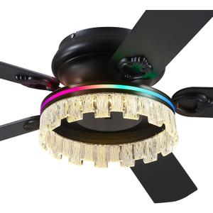 Asyko Ceiling Fans with Lights,52inch Low Profile RGB Ceiling fan and Remote Control, Dimmable, DC Reversible Motor, Noiseless, 6 Speeds, Black Ceiling Fan For Bedroom Indoor Outdoor