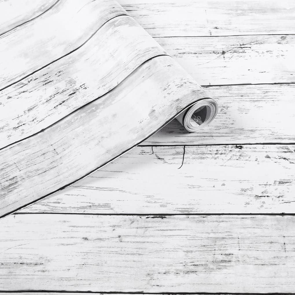 Arthome35.4 x 120 inches White Gray, Peel and Stick Wallpaper, Wood Contact Paper, Self Adhesive, Easy to Clean, Vinyl Film for Furniture Countertop, Distressed Plank Grain Vintage Wall Covering