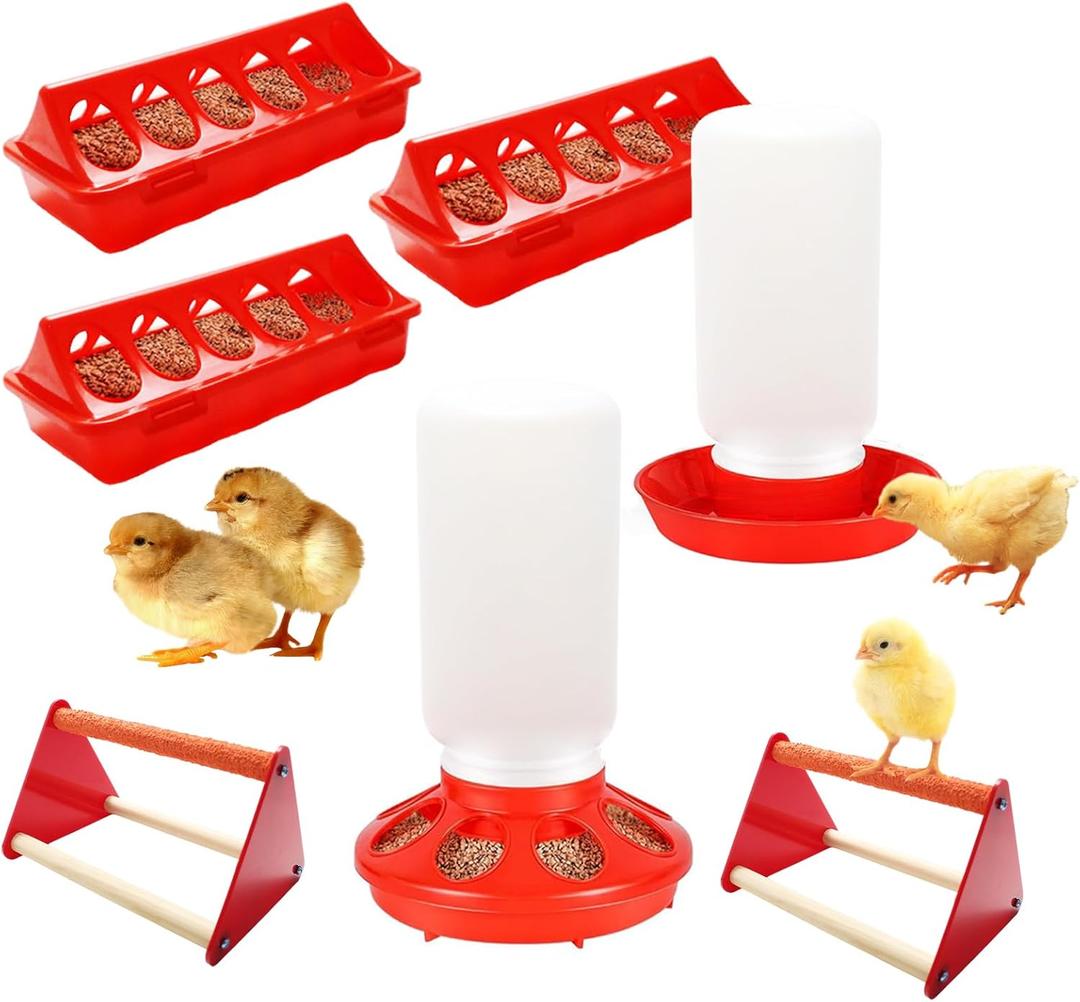 Chick Feeder and Waterer Set, 7-Piece Chick Supply with Feeder, Chick Waterer and Chick Perch, Chick Starter Kit for Small Poultry Ducks Quail