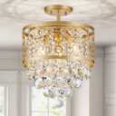 WUZUPS Crystal Drum Chandelier Flushmount Ceiling Light Modern Lighting Fixture for Entry Hallway Kitchen Bathroom Bedroom, H 16.3'' x W 13'', E12 Base, Gold