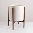 Mid Century Pot with Walnut Wood Stand - 12 inch Indoor Large Ceramic Planter for Plants, Flower, Small Tree with Drainage - Modern Wood Pots Holder - Walnut Wooden Legs - White