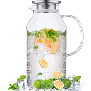 2.6 Liter 88 oz Glass Pitcher with Lid and Spout, Glass Water Carafe for Hot/Cold Water, Iced Tea Pitcher, Large Pitcher for Coffee, Juice and Homemade Beverage (87.9 Ounces)