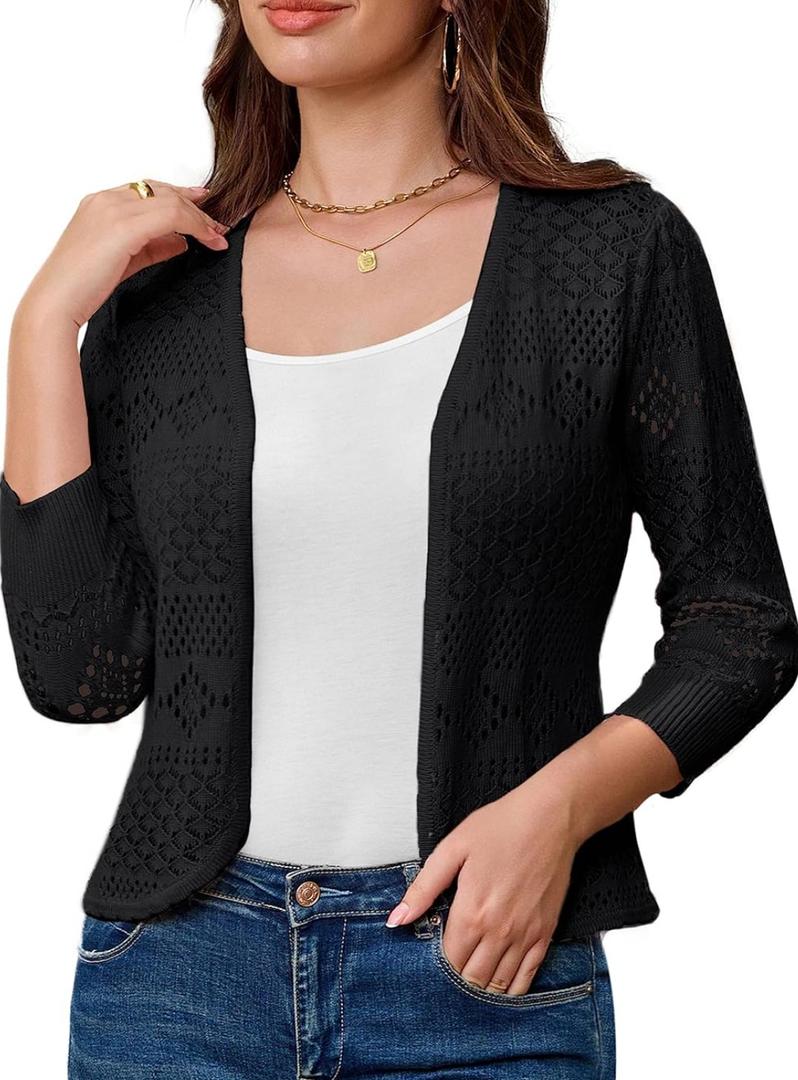 GRACE KARIN Women's 3/4 Sleeve Open Front Cropped Cardigan Summer Lightweight Hollow Out Knit Shrug XL Black