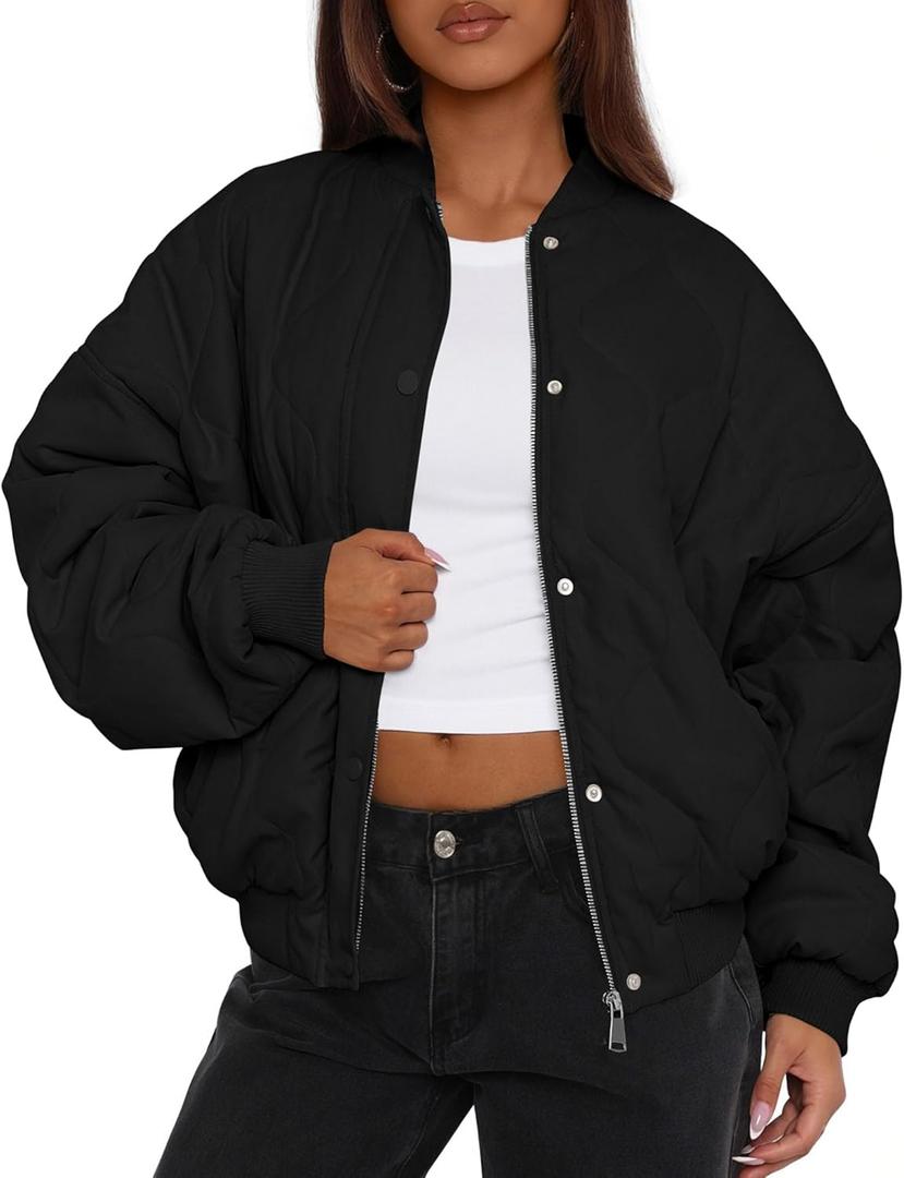 PRETTYGARDEN Women's Quilted Bomber Jacket Fall Fashion 2026 Lightweight Cropped Zip up Outerwear Winter Puffer Coats Pockets (Medium, Black)