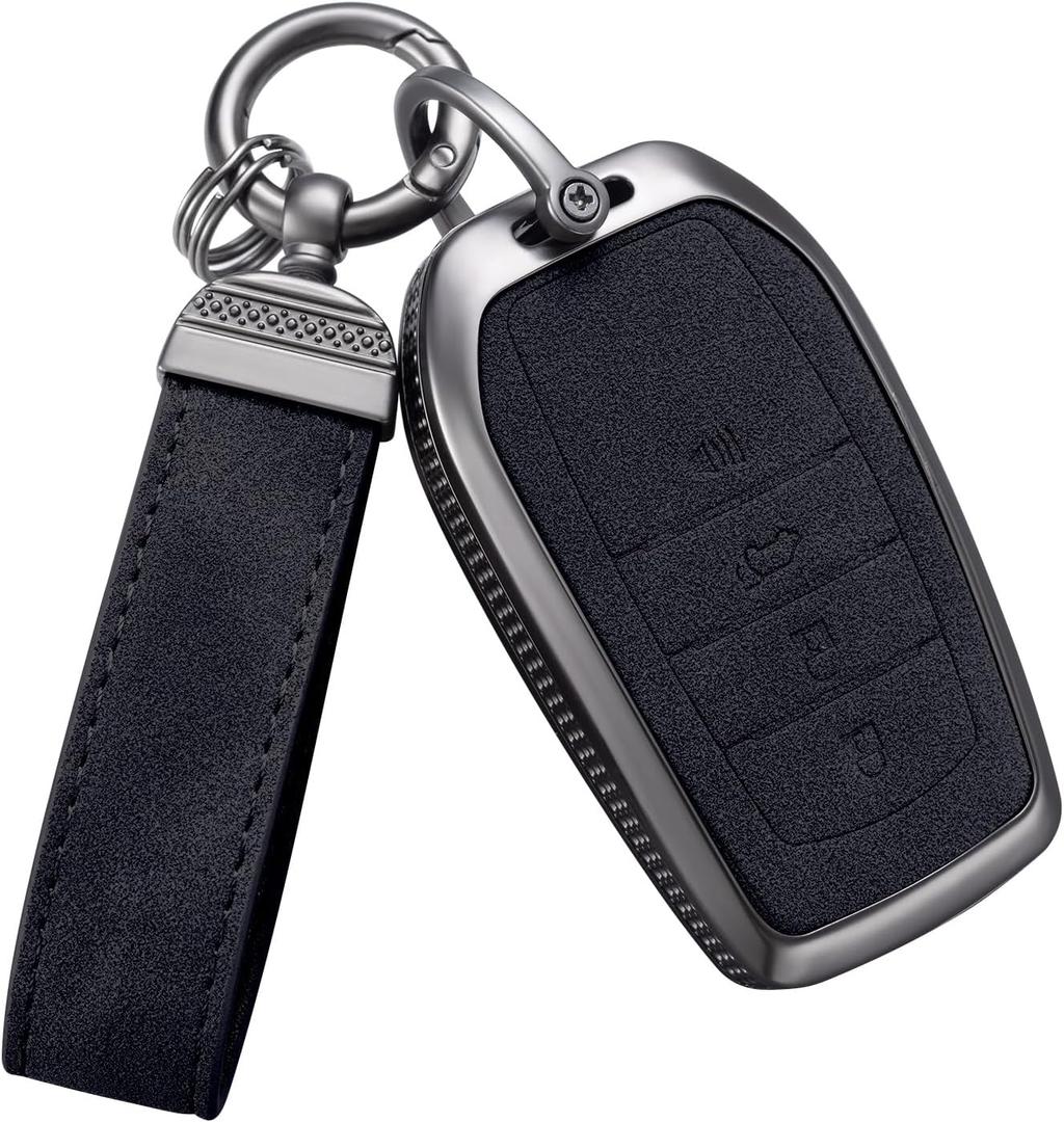 YO&YOYE Compatible with Toyota Key Fob Cover with Keychain Leather Key Case Protector for Avalon Camry Corolla RAV4 Sequoia Highlander Smart Key (Model2, Black)