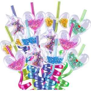 Glitter Straws for Party Favors - Reusable Drinking Plastic Straw for Kids Party Supplies Goodie Gift Bags, 20pcs Unicorn Heart Shaped Sparkly Straws for Girls Pool Birthday Decorations