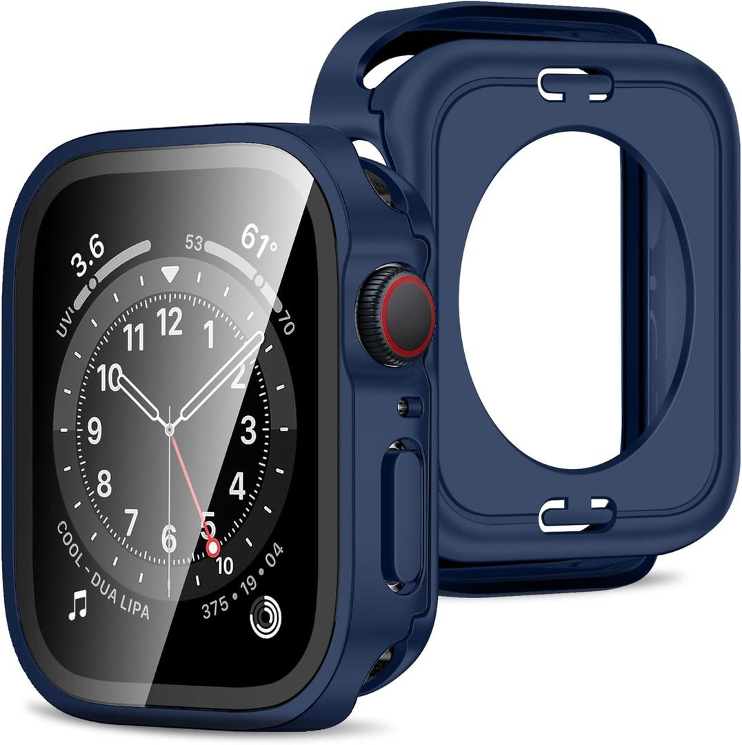 Amizee 2 in 1 Case [2-Pack] Compatible with Apple Watch SE 3/2/1 Series 6/5/4 44mm with Built-in Screen Protector, Straight Edge Hard PC Full Body Protective Cover for iWatch 44mm, Matte Blue