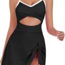 ZAFUL Women One Piece Swimdress Tummy Control Bathing Suit Push Up Swimsuit Modest Swimwear Cutout V Neck Cute Tie Knot Skirt (Large, Black Color Block)