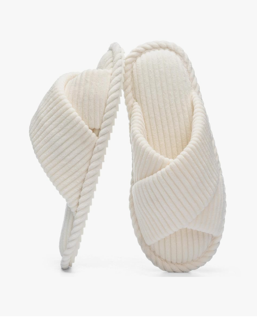 Slippers for Women Memory Foam House Bedroom Corduroy Crossbands Open Toe Slides Sandals Shoes Comfy Trendy Gift for womens Anti-Skid sole, Size 40/41