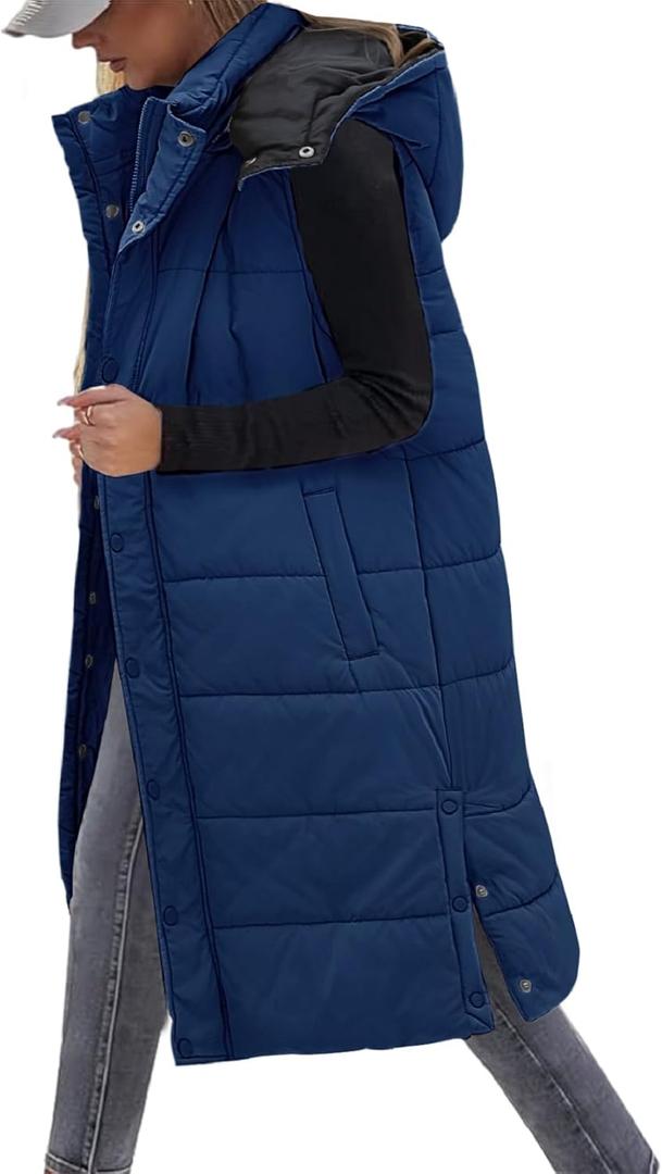 VXVGER Long Puffer Vest Women With Hood Sleeveless Down Vest Warm Jacket Winter Coat With Pockets (Small, Navy Blue)