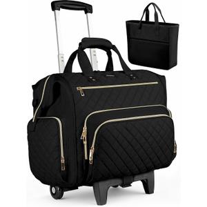 Rolling Teacher Bag, 16 Inch Rolling Laptop Bag with Detachable Dolly & Teacher File Tote, Large Roller Briefcase for Teaching Office Work, Women, Craft Nurse, Black