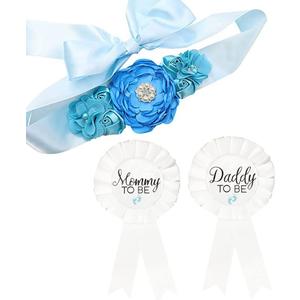 CoolerthingsDG, 3pcs 2 badges and a belt Blue, Baby Blue Maternity Sash & Daddy to Be Corsage Set - Baby Shower Sash Baby Boy Pregnancy Sash Keepsake Baby Shower Flower Belly Belt