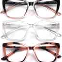 Reading Glasses for Women, 3 pack Fashion Oversized Blue Light Readers for Women, Spring Hinge Cat Eye Glasses Anti Eyestrain (B1 Blackpink Transparent Pink, 1.00)