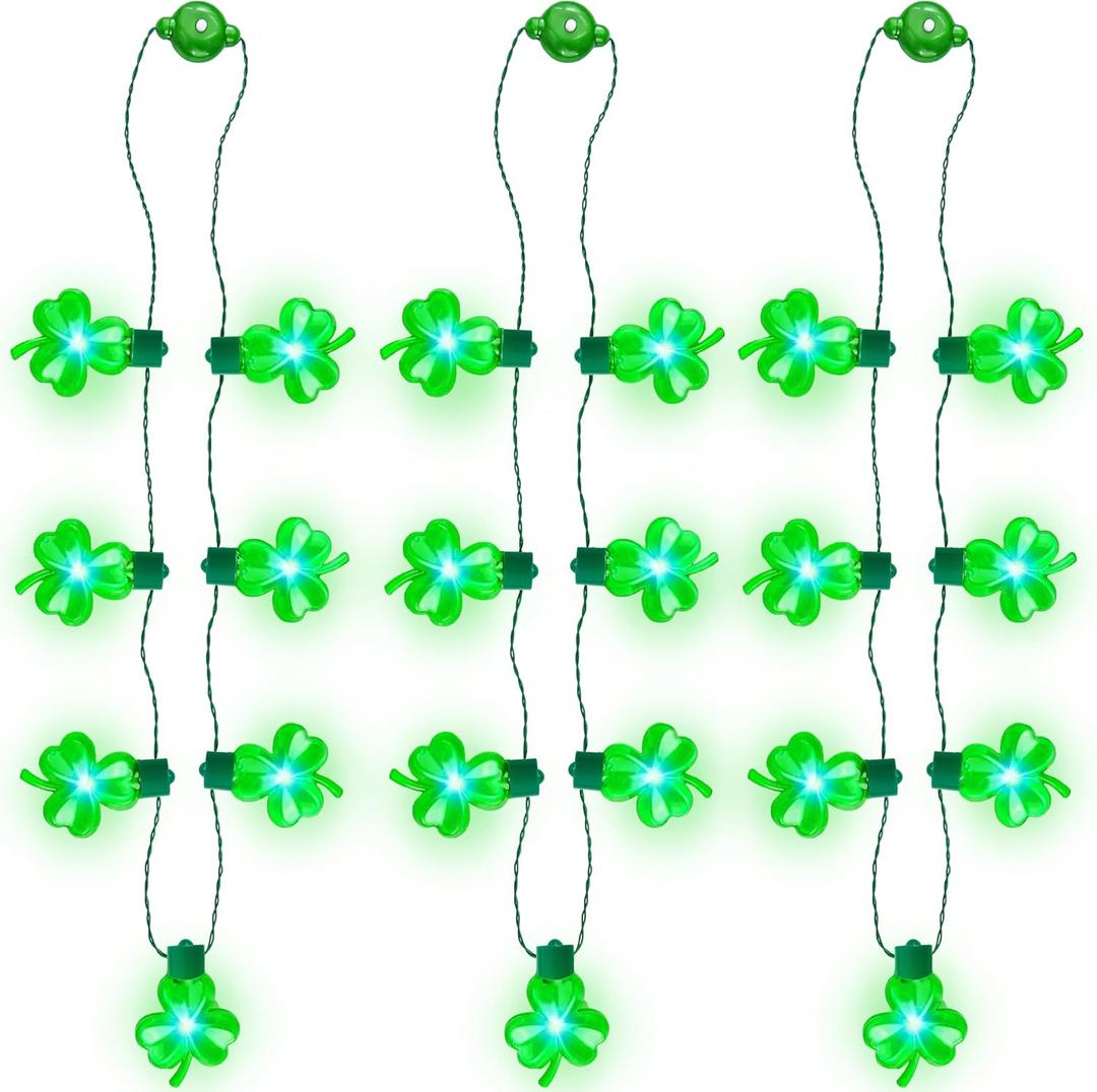 JOYIN 3 PCS St Patrick's Day Necklaces LED,Green Shamrock Light Up Bulb Necklace for Costume Dressing-up Accessories Saint Patricks Decorations Party Favor Supplies