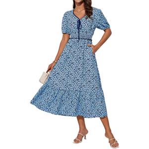 GRACE KARIN 2025 Women's Summer Floral Flowy A Line Midi Dresses Elegant Short Sleeve Smocked V-Neck Tiered Dresses (Medium, Blue)