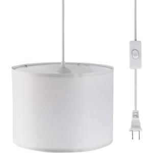 Plug in Pendant Light, 15 FT Hanging Lamp with Plug in Cord, On/Off Switch, Pendant Lighting with Fabric Shade, Hanging Light Fixture for Living Room, Bedroom, Dining Room, Kitchen (White)