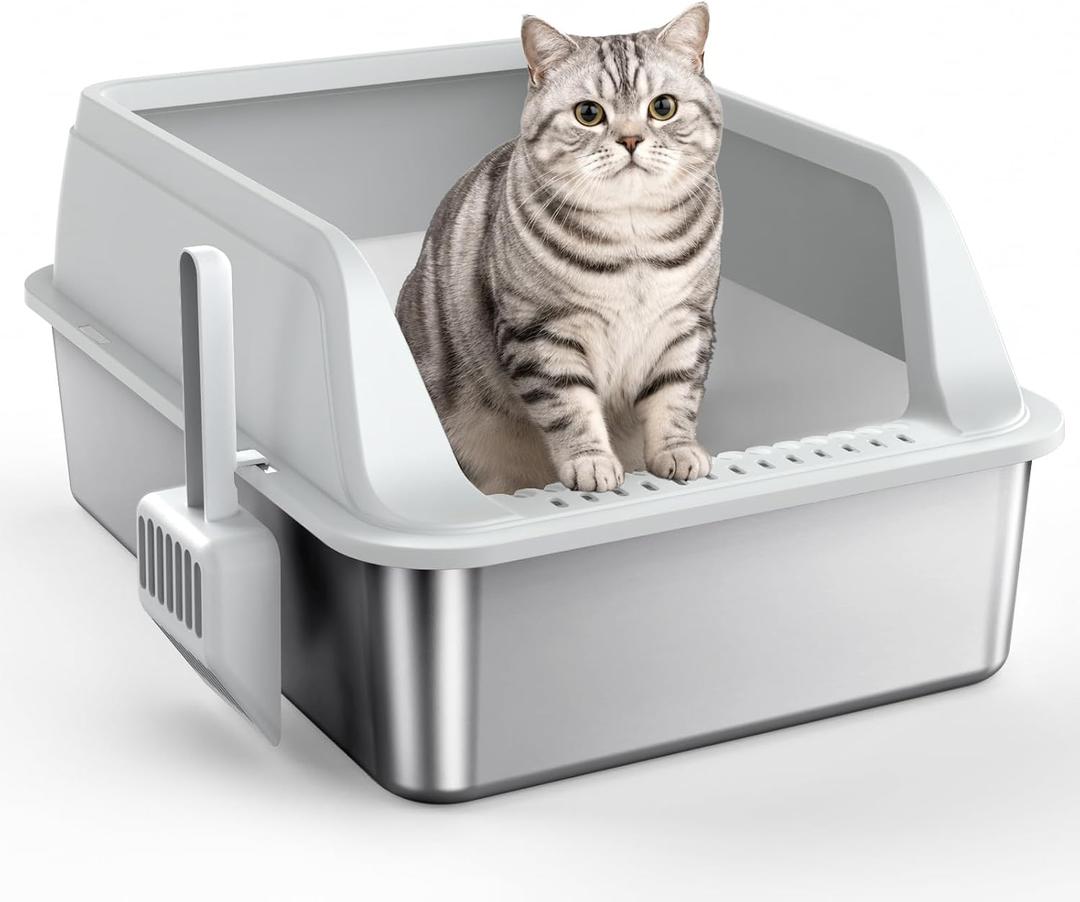 FURTIME Stainless Steel Litter Box with Lid, High Sided Metal Litter Box