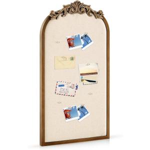 Wonderjune Vintage Arch Framed Pin Board Linen Bulletin Board Large Fabric Decorative Pinboard for Wall Ornate Picture Memo Display Pinboard for Home Office Farmhouse(Retro, 13" X 25", Gold)