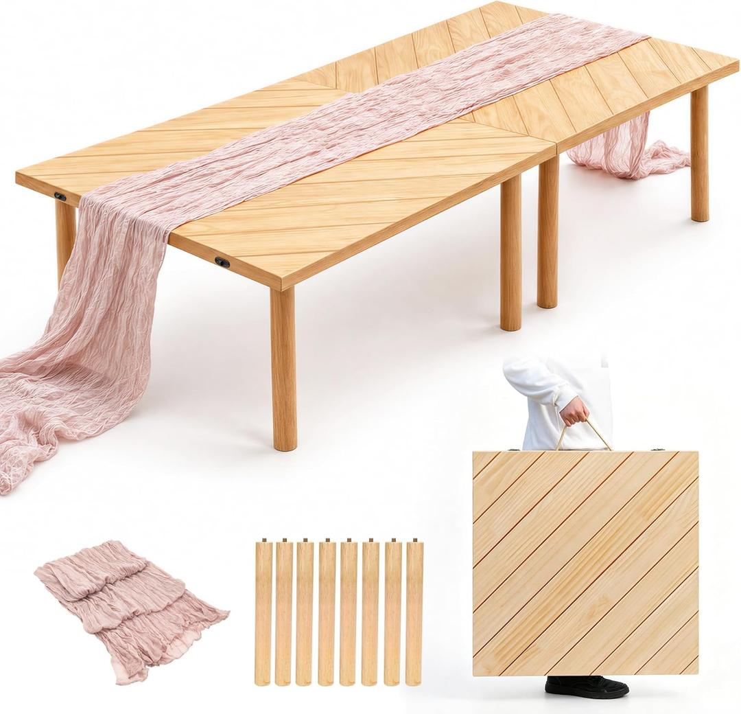 Folding Picnic Table for Indoor Outdoor, Portable Boho Low Picnic Table with Table Runner, 60" x 30" Wooden Table for Camping, Wedding, Beach, Garden, Party, Seats 6-8 People