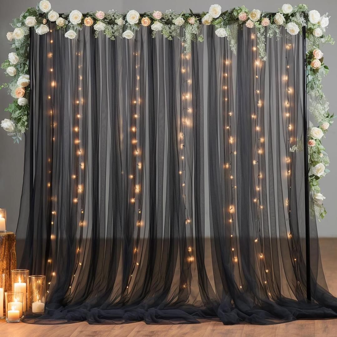 10x8ft Black Tulle Backdrop Curtain with Lights String for Parites, Sheer Photo Backdrop Curtains for Wedding Baby Shower Birthday Party Photo Shoot Decorations (10ft x 8ft(2 Panels 5*8ft))