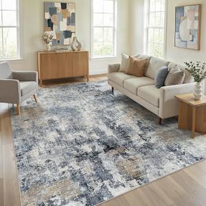 WITSHOCK Area Rugs 9x12 Living Room Rug - Washable Neutral Soft Low Pile Non-Slip Modern Abstract Thin Large Indoor Carpet for Bedroom Dining Room Nursery Office - Dark Blue Brown