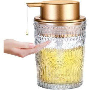 8 Oz Glass Dish Soap Dispenser, Clear Hand Liquid Bottle with Gold Plastic Pump, Refillable Round Dish Lotion Dispensing for Kitchen Sink & Bathroom Counter (Liquid Dispenser)