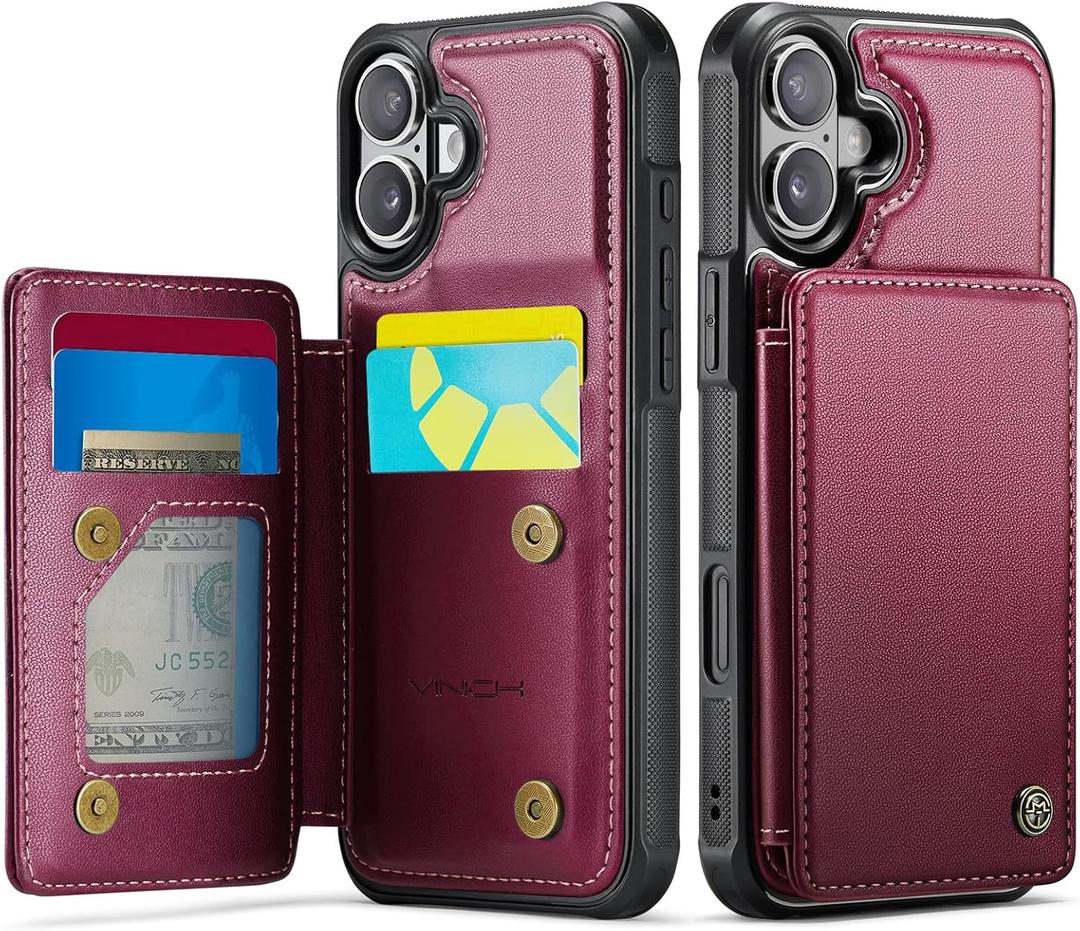 Vinich for iPhone 17 Wallet Case with Card Holder, RFID Blocking Credit Slots Kickstand Shockproof Phone Cover Fit for iPhone 17 6.3" Wine Red