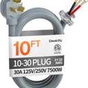 10 ft 3 Prong Dryer Cord, 30Amp 10 Gauge Dryer Power Cord Replacement, Pure Copper 3-Wire Appliance Cord with NEMA 10-30P Plug and O-Ring Terminals, 250V 7500W, ETL Listed, Gray STW