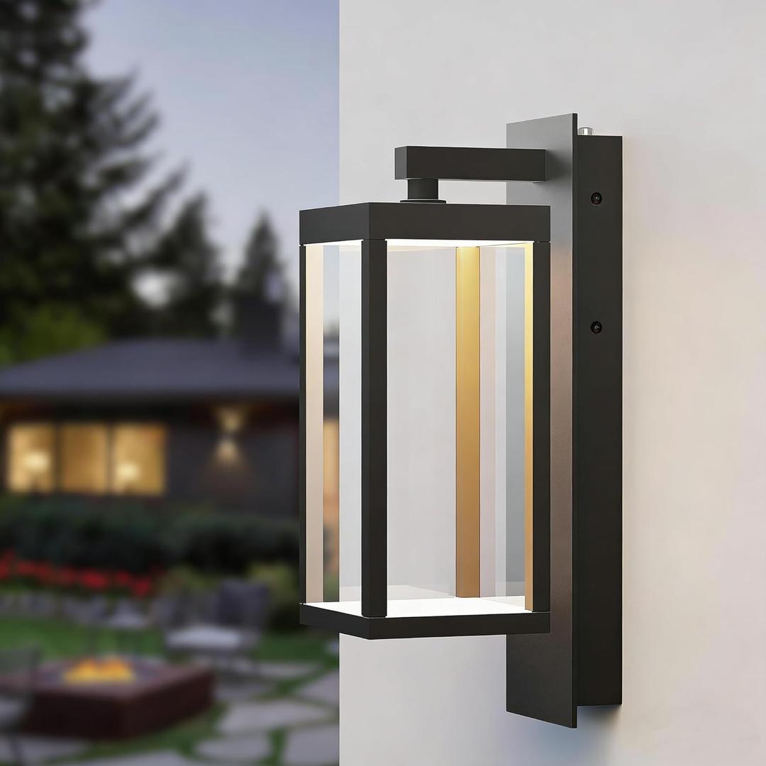 Outdoor Wall Sconce, Dusk to Dawn Outdoor Wall Lights, Waterproof Porch Lanterns Decorative, Anti-Rust Exterior Light in Wood Grain Finish & Black Finish for House Patio Garage Entryway Doorway (Black 1 Pack)