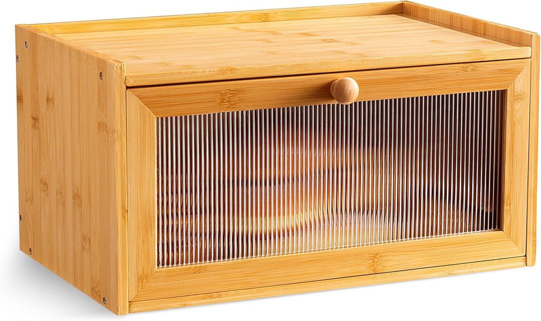 Farmhouse Bread Box for Kitchen Countertop, Modern Bamboo Large Bread Storage Container, Breadbox Organizer with Window for Kitchen Counter, Cabinet and Pantry (Natural Bamboo, Rectangular)
