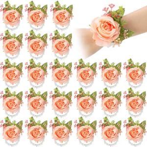 Sherr 24 Pcs 24 Pcs Wedding Rose Wrist Corsage Wristlet Band for Bridal Bridesmaid Women Flowers Bracelets Decor Wedding Artificial Flowers for Party Prom Homecoming (Pink)