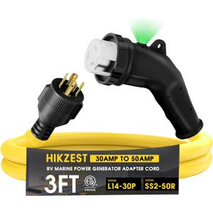 3FT NEMA L14-30P to SS2-50R RV Marine Power Generator Adapter Cord, 30A 4 Prong Locking Generator L14-30P Male to 50A Marine Shore Power SS2-50R Female with 135 Elbow Grip Handle, LED Power Indicator