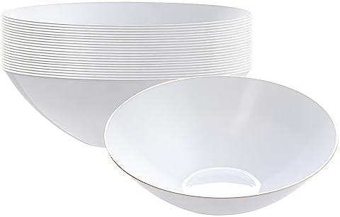 Moderna 16 Ounce Plastic Bowls, 100 Durable Disposable Salad Bowls - Gold-rimmed, Heavy-duty, White Plastic Fancy Bowls, For Warm And Cold Foods, Ideal For Restaurants - Restaurantware