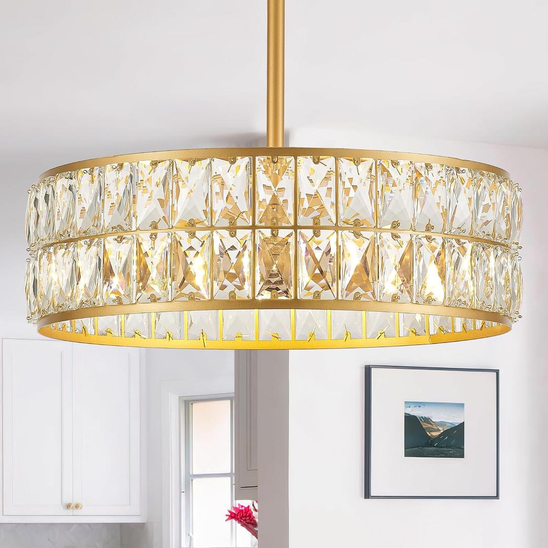 16” 4-Light Modern Crystal Chandeliers Gold Dinning Room Light Fixture, Round Pendant Light Kitchen Island Chandelier, Flush Mount Ceiling Light for Living Room Entryway Bedroom Foyer