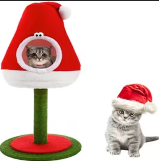Dansydaisy 36.6 Inch Christmas Cat Tower with Cat Scratching Post and Red House Scratcher Tall Tree Tower Nature Sisal Christmas Hat Scratcher Activity Center Play Condo for Indoor