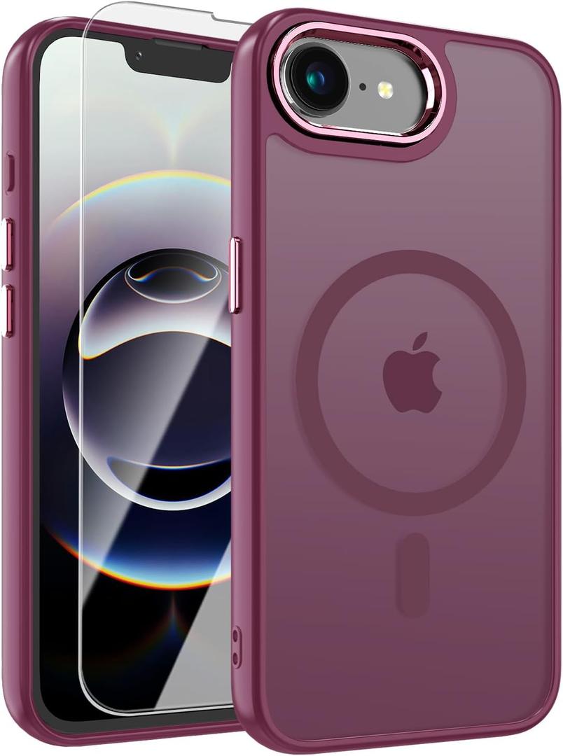 WRJ Case for iPhone 16e with Screen Protector, Magnetic Translucent Phone Case for Women Men [Compatible with Magsafe] Slim Anti-Fingerprints Shockproof Protective Cover-Red Wine