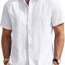 Mens Linen Shirts Short Sleeve Button Down Shirt Casual Cuban Guayabera Lightweight Summer Beach Solid Tops (White, L)