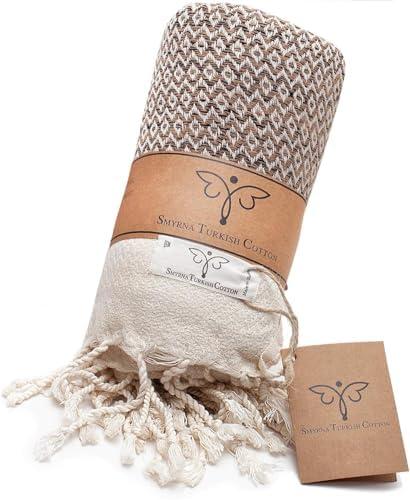 SMYRNA TURKISH COTTON Throw Blanket Vintage Series, 60x80 inch, Outdoor Blankets, Throws and Blankets for Couch, Sofa, Bed, Chair, Beach Picnic, Travel Boho Turkish Blanket Throw, Latte
