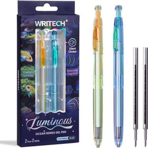 WRITECH Gel Pens Medium Point: Luminous pen set 0.7mm Black Ink Includes 2 Pens and 2 Refills Silent Clicker Smooth Writing for School Office & Everyday Use