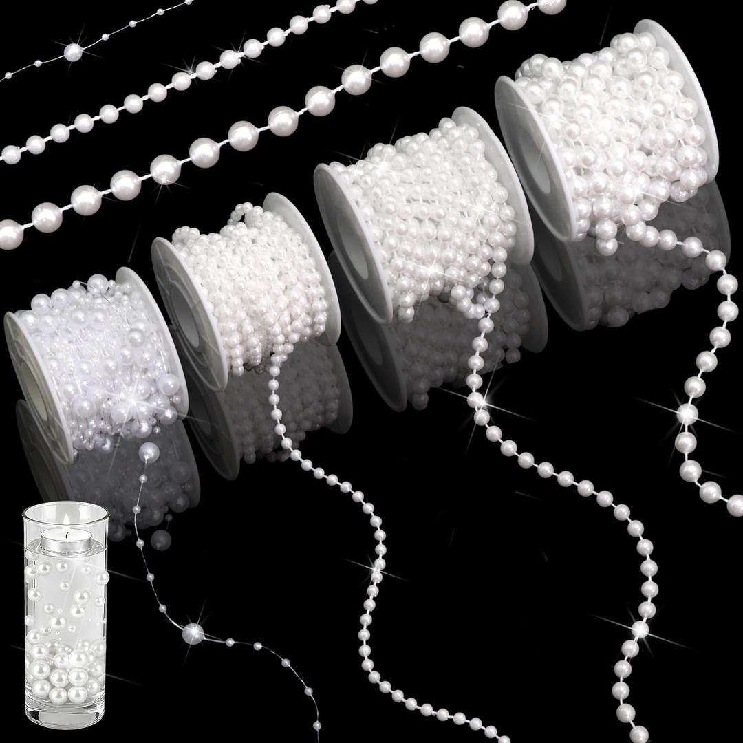 FULZTEY 4 Rolls 76 Feet Pearls Bead String White Artificial Pearl Chain for DIY Crafts,3+8mm,4mm,6mm,8mm Bead String Strand Faux Pearl Ribbons for Christmas Valentine Wedding Party Decoration (Style 02:White)